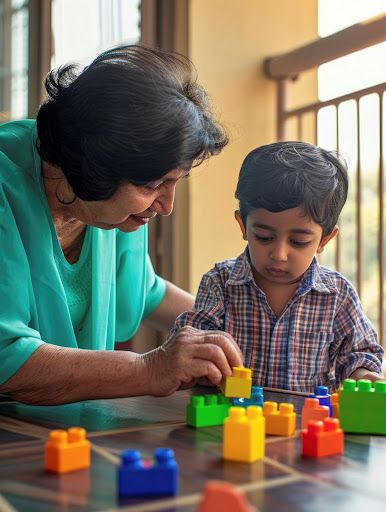Child playing with colorful blocks