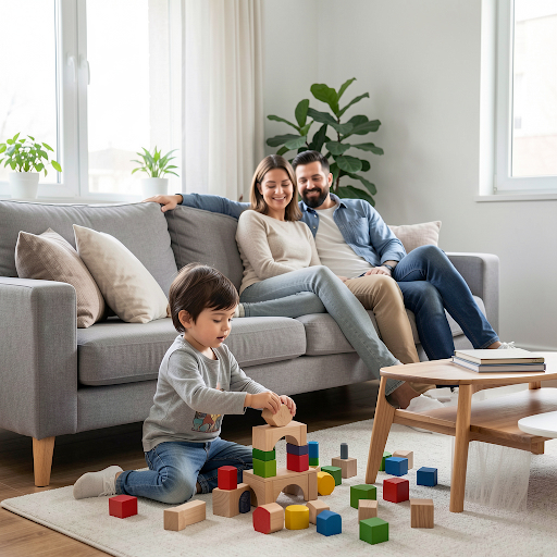 Parents watching child play with building blocks