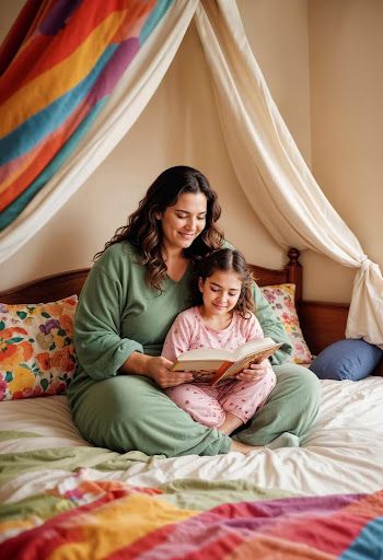 Mother and daughter reading a book together